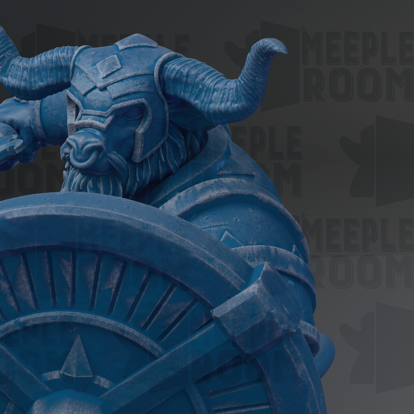 A blue, sculpted dragon-like creature with horns and a beard, sitting atop a shield or shield-like object.