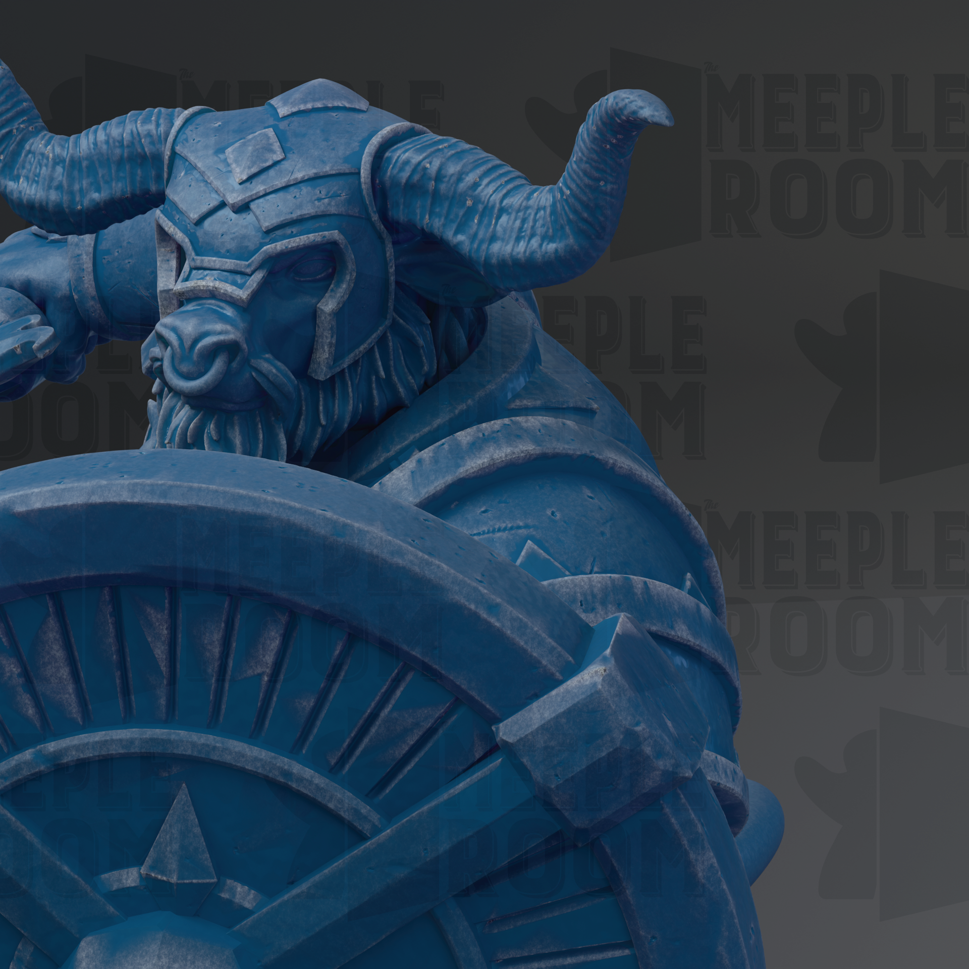 A blue, sculpted dragon-like creature with horns and a beard, sitting atop a shield or shield-like object.
