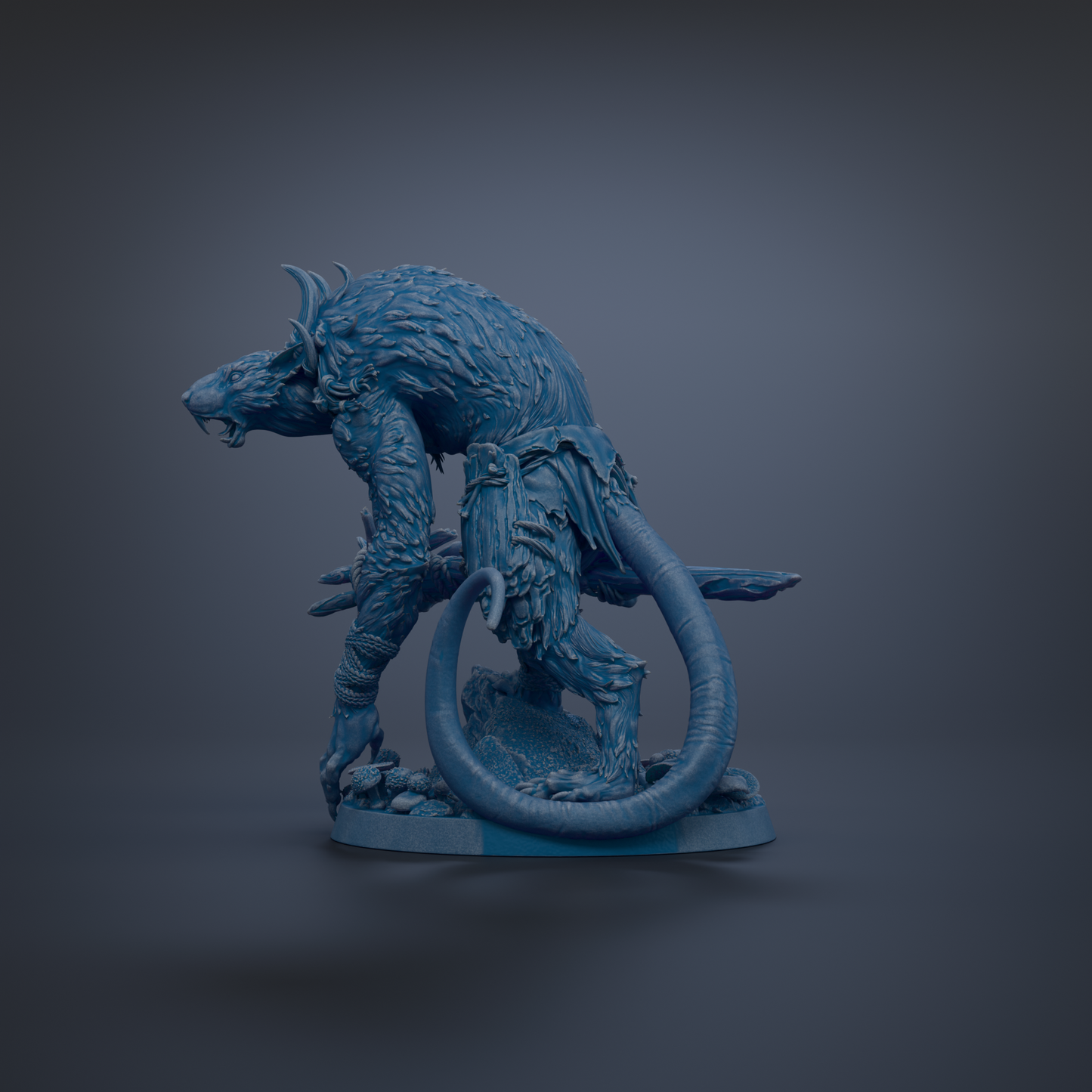 A blue, 3D-rendered statue of a fantastical creature with a long, curved tail and sharp teeth, standing on a base.