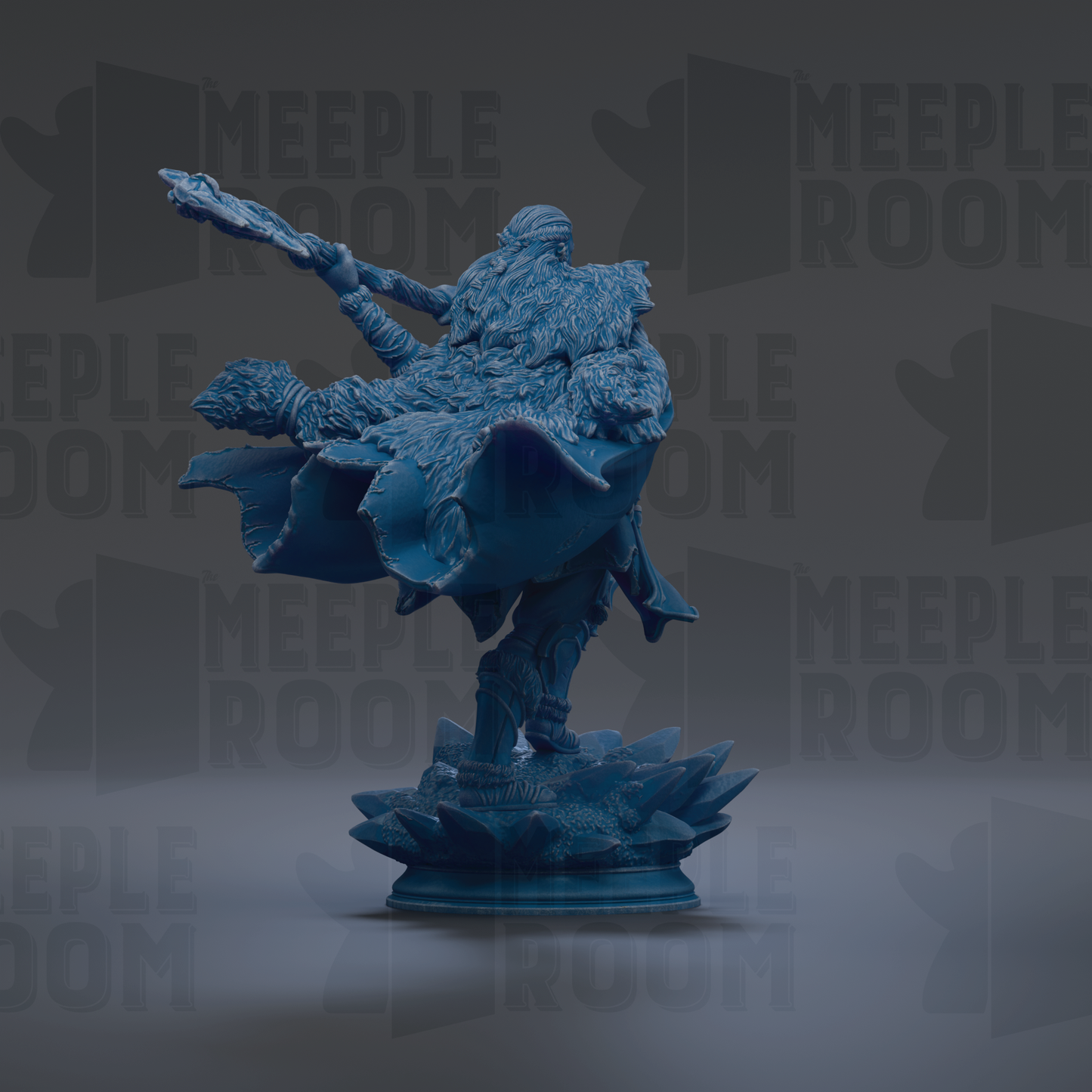 A blue statue of a figure with a flowing cape and a sword, standing on a base with spikes, against a dark background with repeated text.