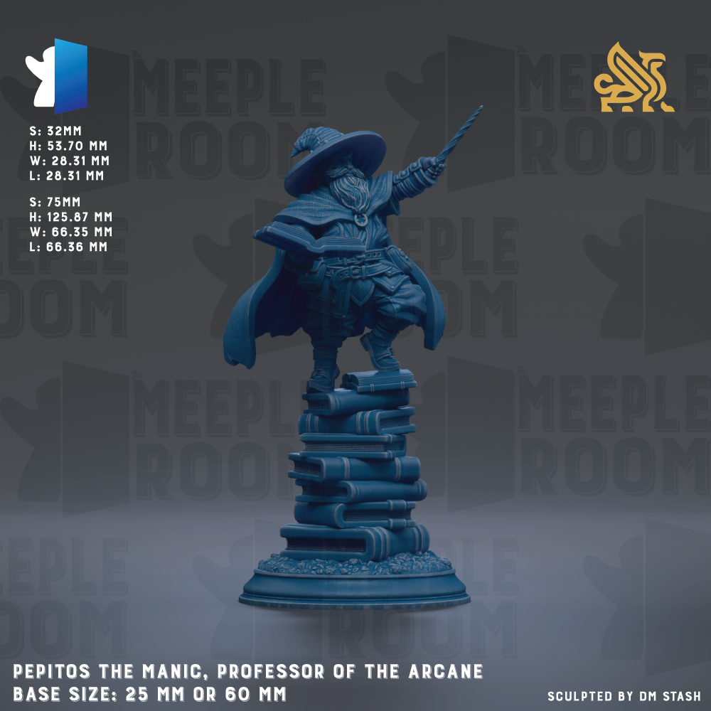 a statue of a man in a hat and robe, holding a staff and standing on a stack of books. The statue is blue in color and appears to be made of a material that resembles stone or metal. The statue is placed on a pedestal, and the base size is either 25 mm or 60 mm. The image is a collage of multiple images, and the phrase "PEPITOS THE MANIC, PROFESSOR OF THE ARCANE" is written below the statue.