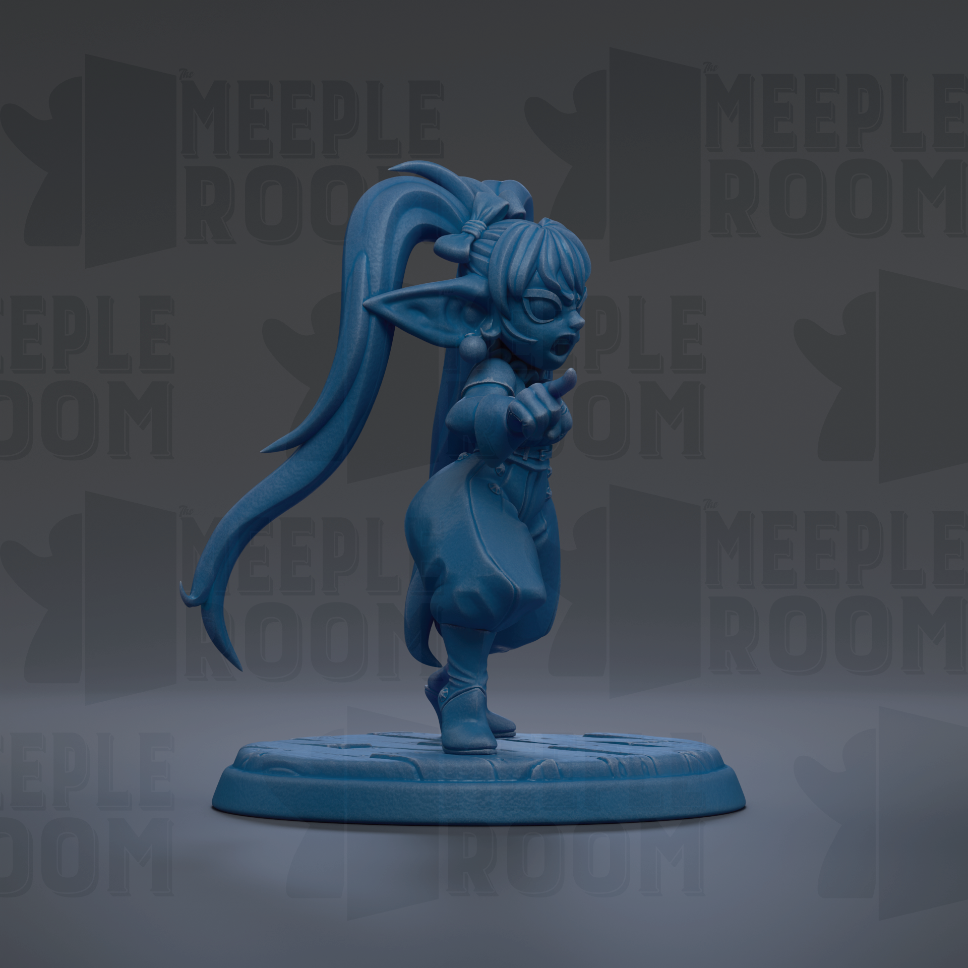 A blue figurine of a character with long hair and a pointed hat, standing on a platform against a dark background with repeated text.