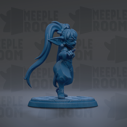 A blue figurine of a character with long hair and a pointed hat, standing on a platform against a dark background with repeated text.