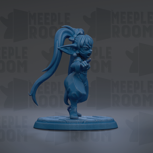 A blue figurine of a character with long hair and a pointed hat, standing on a platform against a dark background with repeated text.