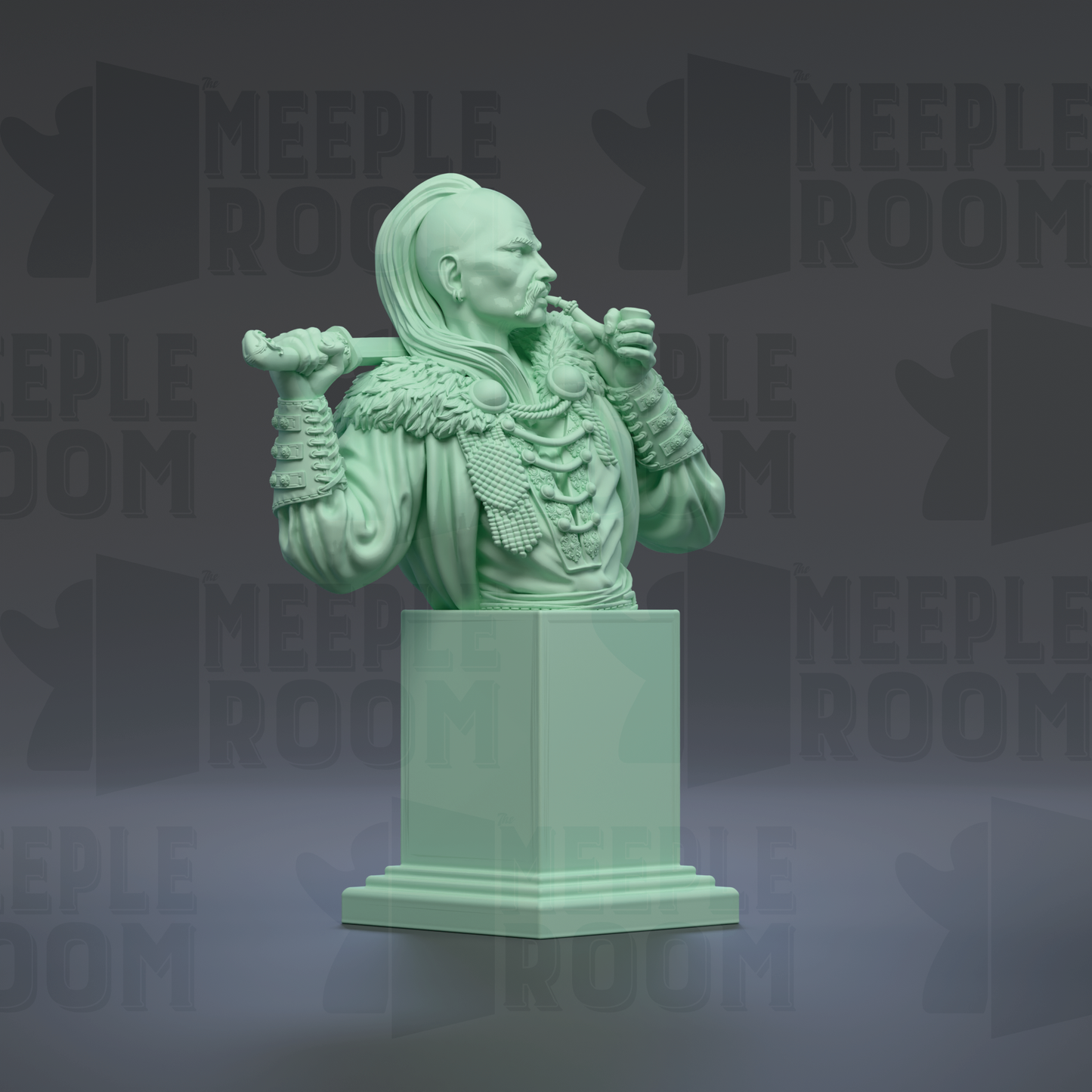 A green bust sculpture of a person with long hair and a beard, holding a weapon and standing on a pedestal.