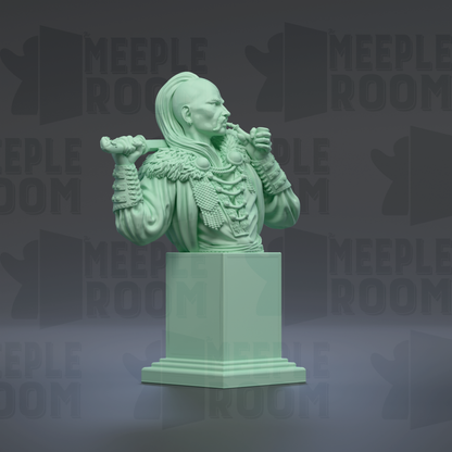 A green bust sculpture of a person with long hair and a beard, holding a weapon and standing on a pedestal.