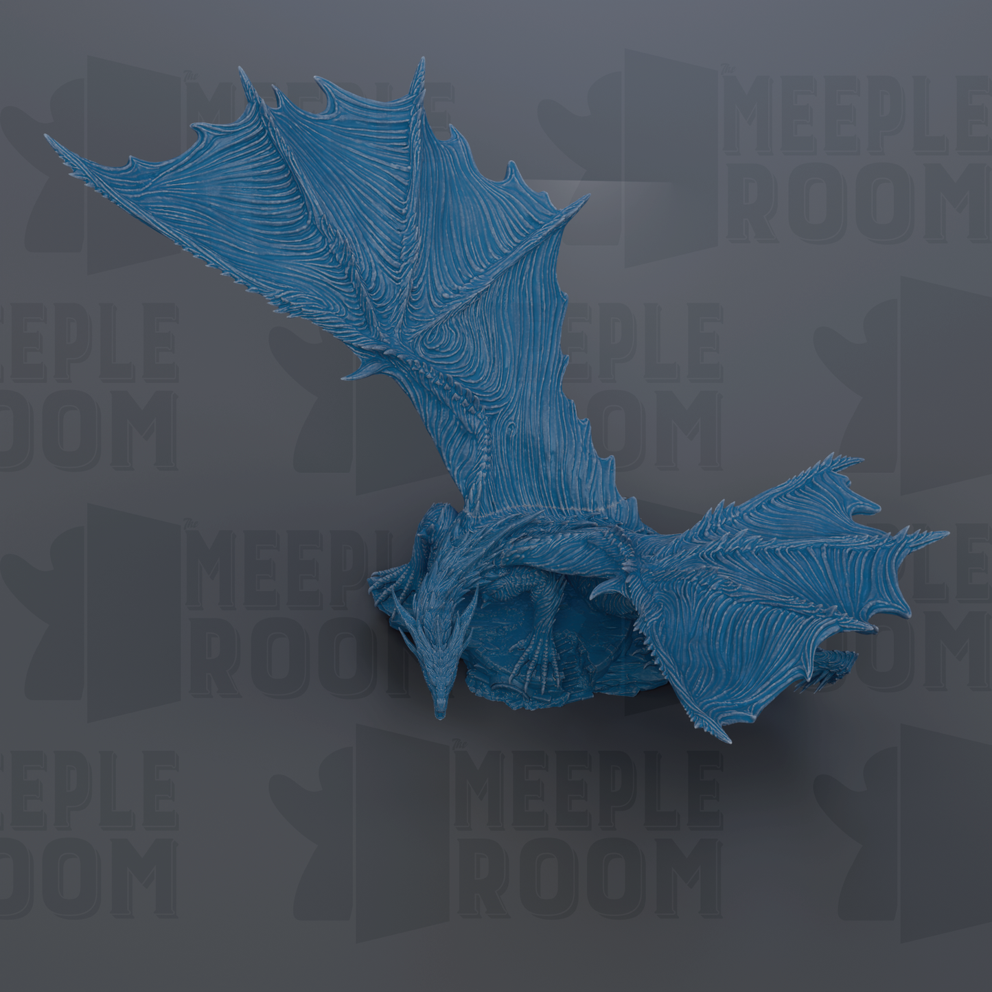 A blue dragon sculpture with intricate details and wings is displayed against a dark background with repeated text.