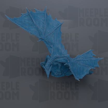 A blue dragon sculpture with intricate details and wings is displayed against a dark background with repeated text.