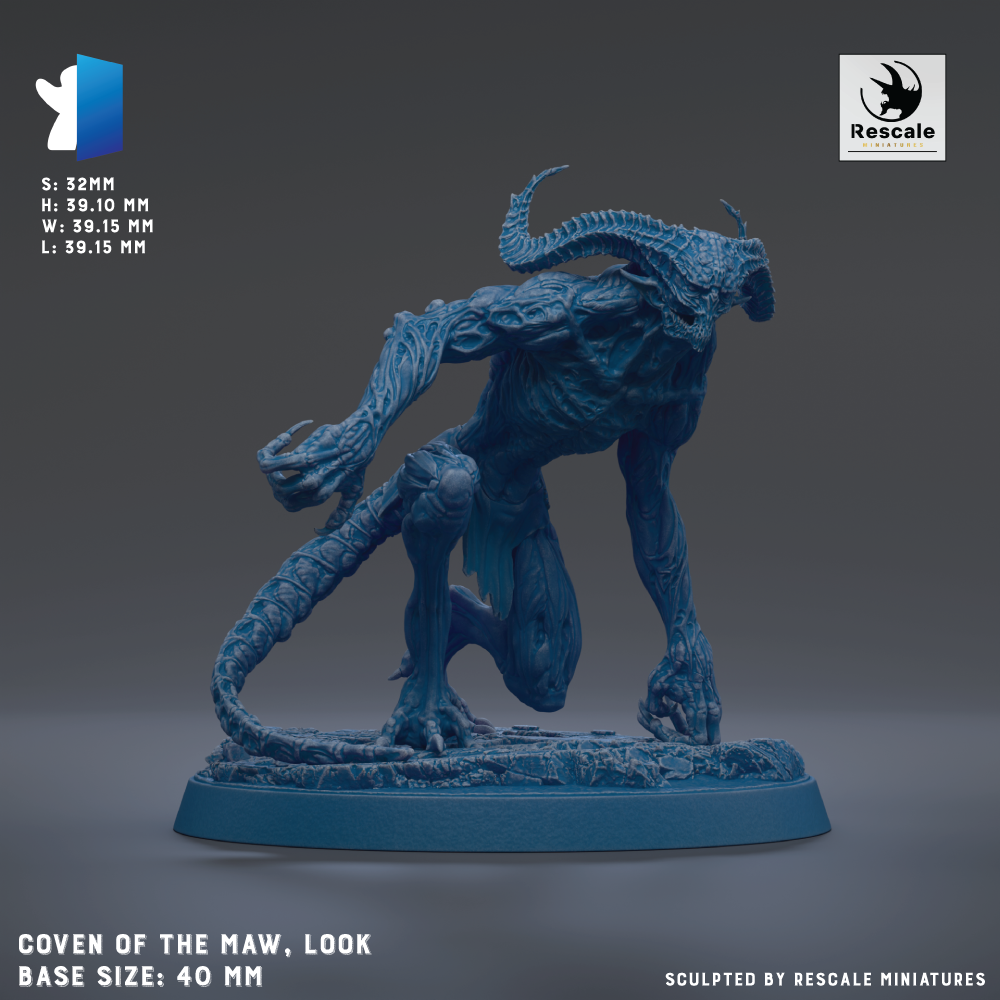 a blue figurine of a creature with horns and a long tail, standing on a base. The figurine is described as "COVEN OF THE MAW, LOOK BASE SIZE: 40 MM" and "Sculpted by RESCALE MINIATURES".
