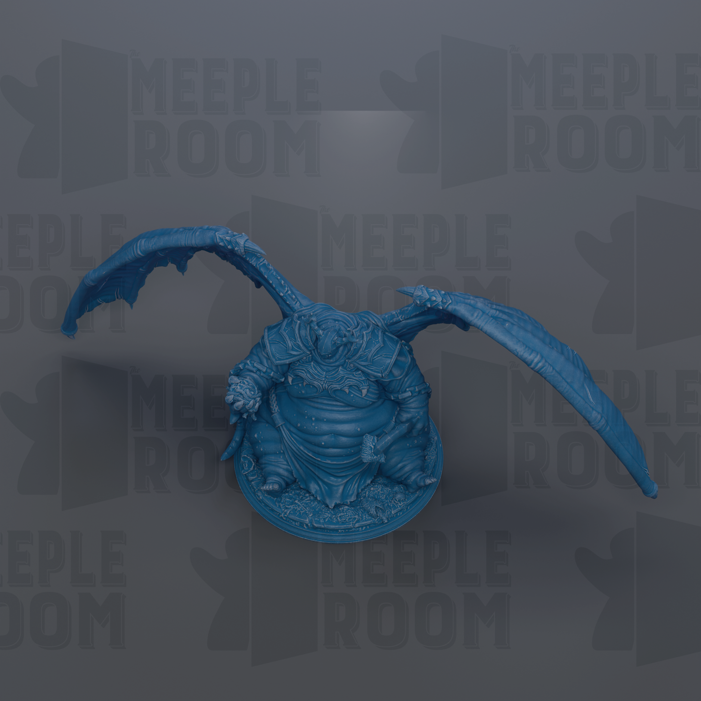 A blue, winged figurine is displayed against a gray background with repeated text.