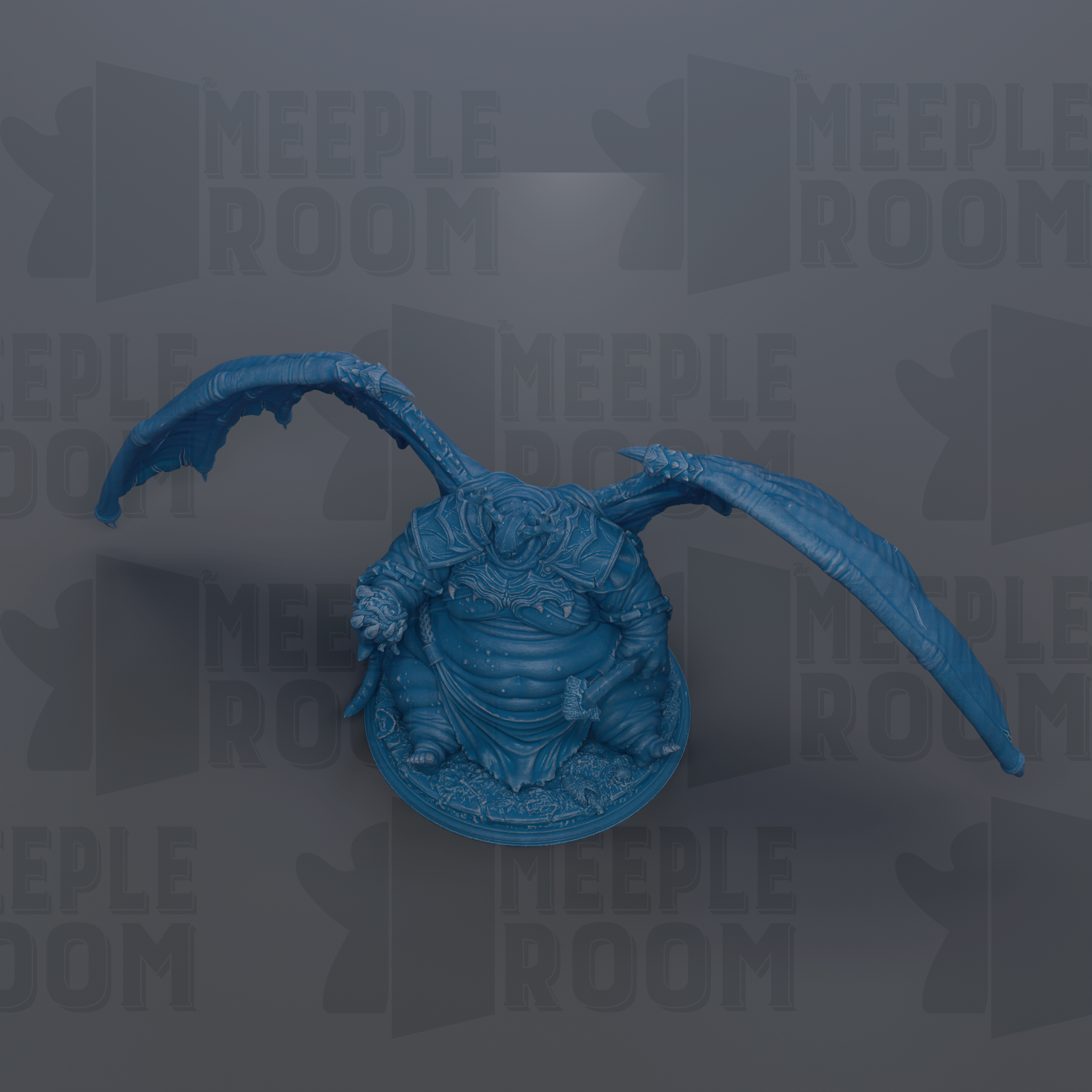 A blue, winged figurine is displayed against a gray background with repeated text.