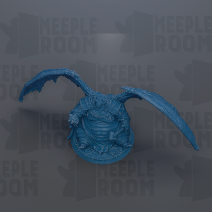 A blue, winged figurine is displayed against a gray background with repeated text.