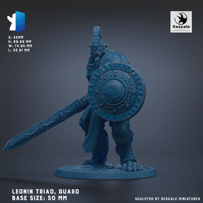 A figurine of a guard, specifically Leonin Triad, is depicted in the image. The figurine is shown in a dynamic pose, holding a shield and a sword. The figurine is set against a dark background, which emphasizes its details and features. The image is described as a "base size: 50 mm" and is "sculpted by rescale miniatures".