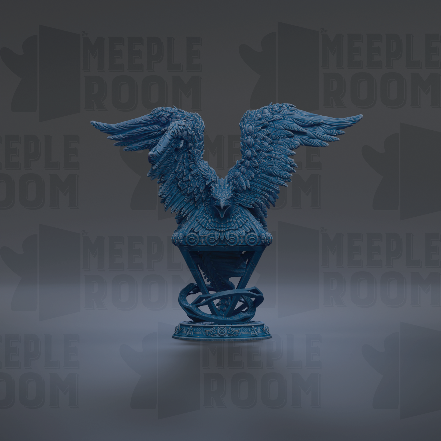 A blue, winged statue of a bird perched on a pedestal against a dark background.