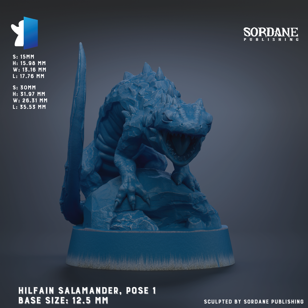 The image is a 3D rendering of a blue salamander statue, specifically the Hilfain Salamander, posed on a rock. The statue is described as a base size of 12.5 mm and is published by Sordane Publishing.