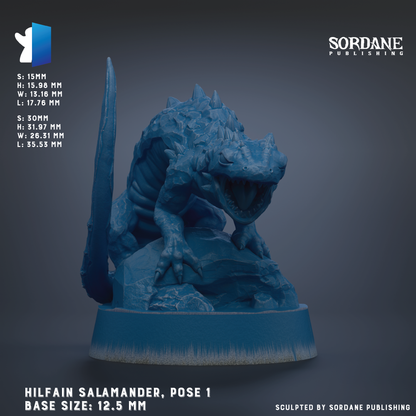 The image is a 3D rendering of a blue salamander statue, specifically the Hilfain Salamander, posed on a rock. The statue is described as a base size of 12.5 mm and is published by Sordane Publishing.