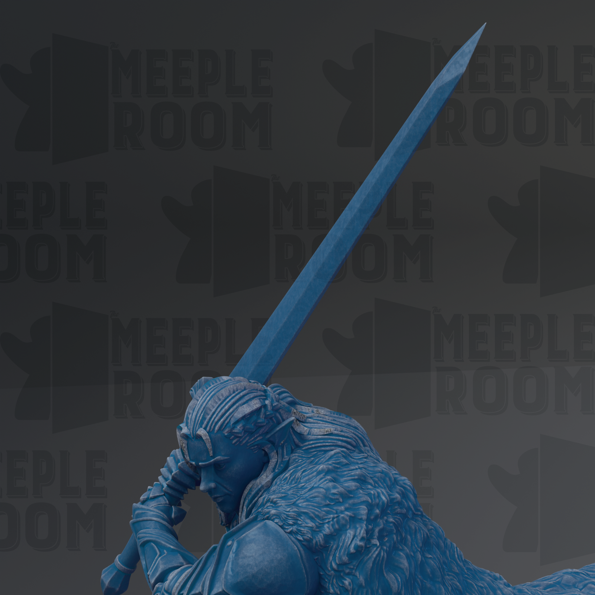 A blue statue of a warrior holding a sword stands in front of a repeating pattern of the word "MEEPLE ROOM".