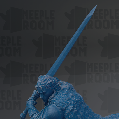 A blue statue of a warrior holding a sword stands in front of a repeating pattern of the word "MEEPLE ROOM".
