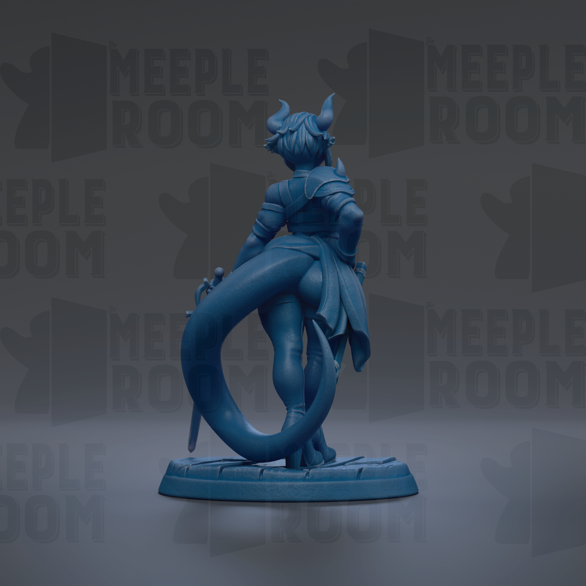 A blue figurine of a dragon-like creature with horns and a tail, standing on a base and holding a sword.