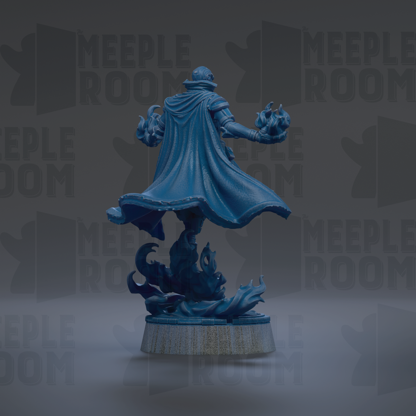 A blue figurine of a person with a flowing cape and flames in their hands, standing on a base with a flame-like design.
