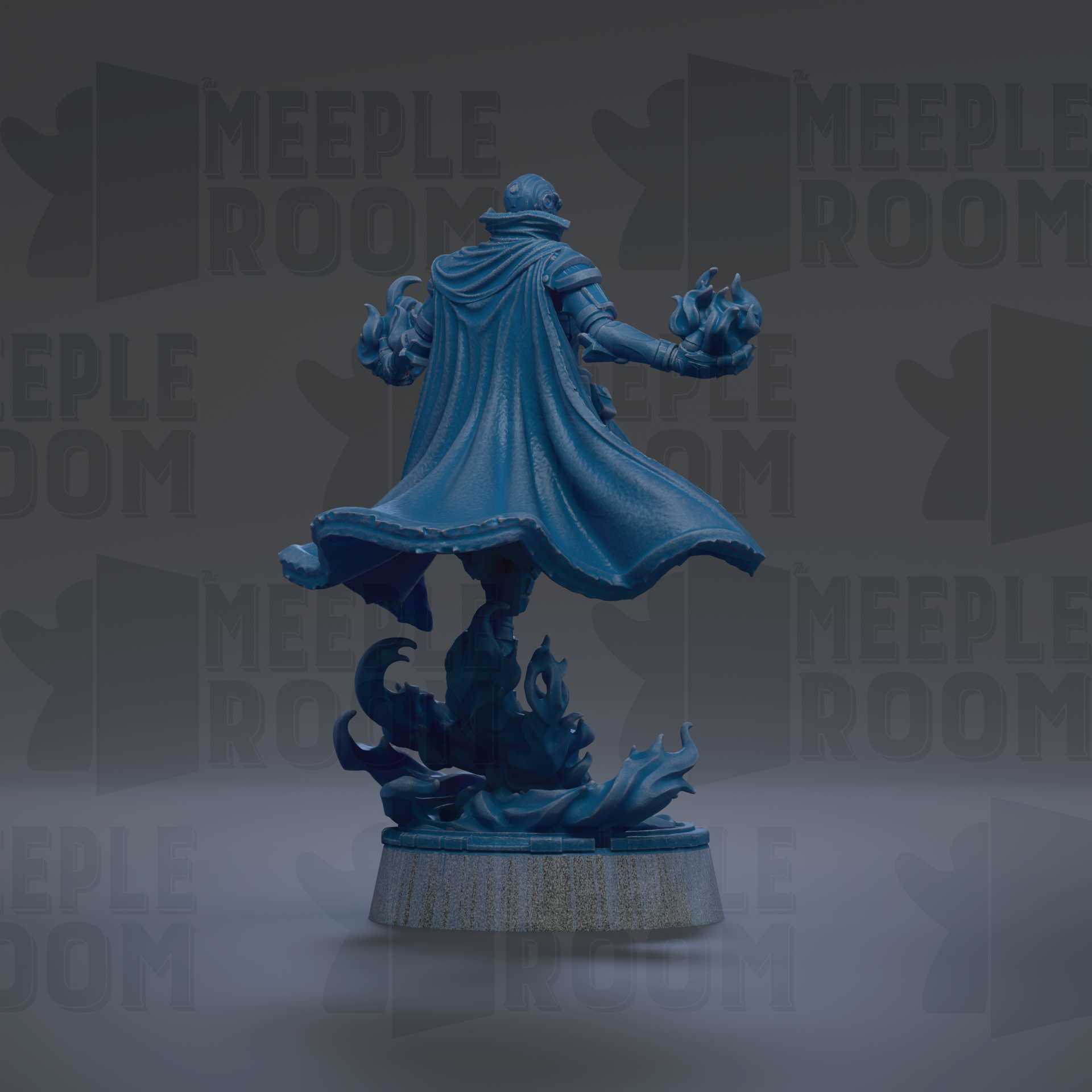 A blue figurine of a person with a flowing cape and flames in their hands, standing on a base with a flame-like design.