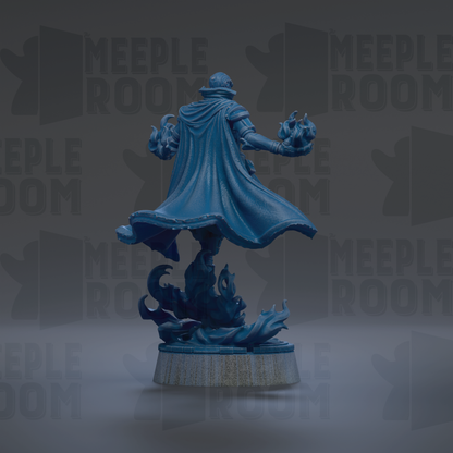 A blue figurine of a person with a flowing cape and flames in their hands, standing on a base with a flame-like design.