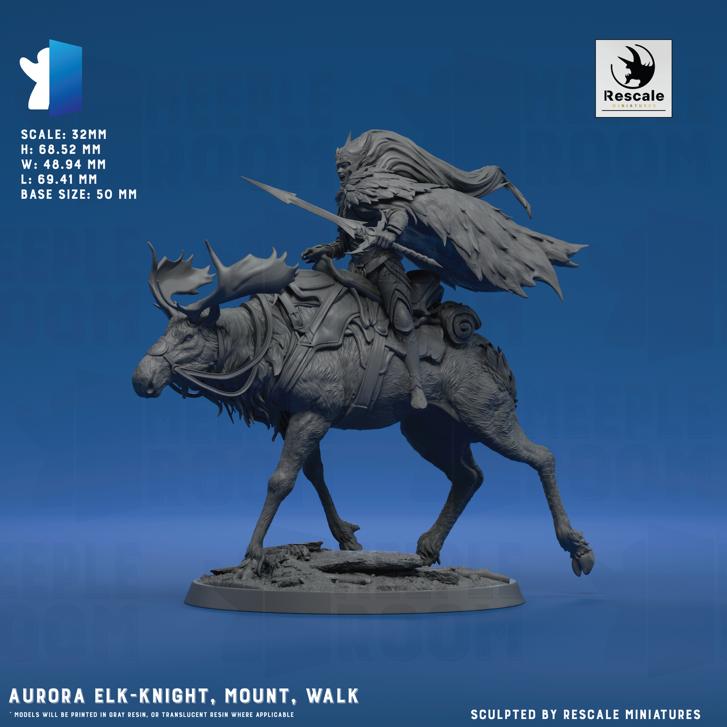Aurora Elk-Knight, Mount by Rescale Miniatures | Miniature | TTRPG | Unpainted | Print on Demand