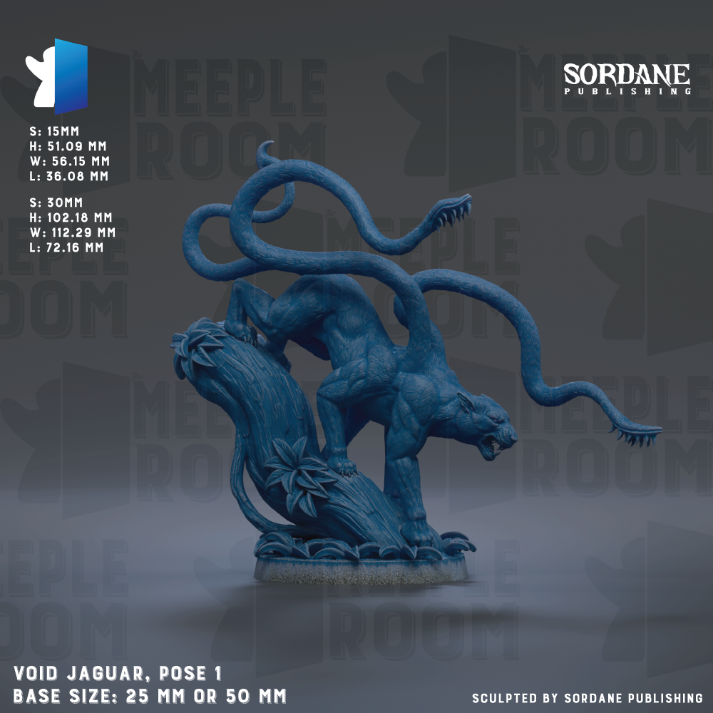 The image is a 3D rendering of a blue jaguar statue, with its mouth open and fangs visible. The statue is posed on a rock formation, and the base size is either 25mm or 50mm. The image is published by Sordane Publishing.