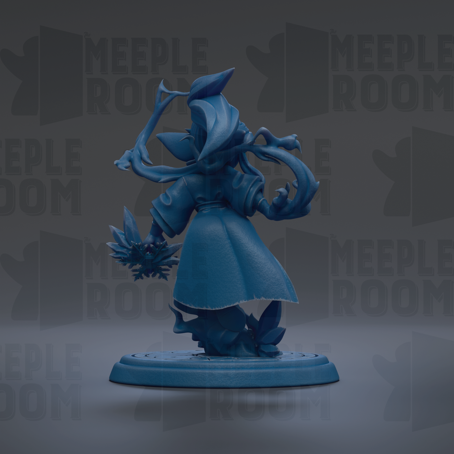 A blue figurine of a person with a flowing robe and a large headdress, standing on a circular base.