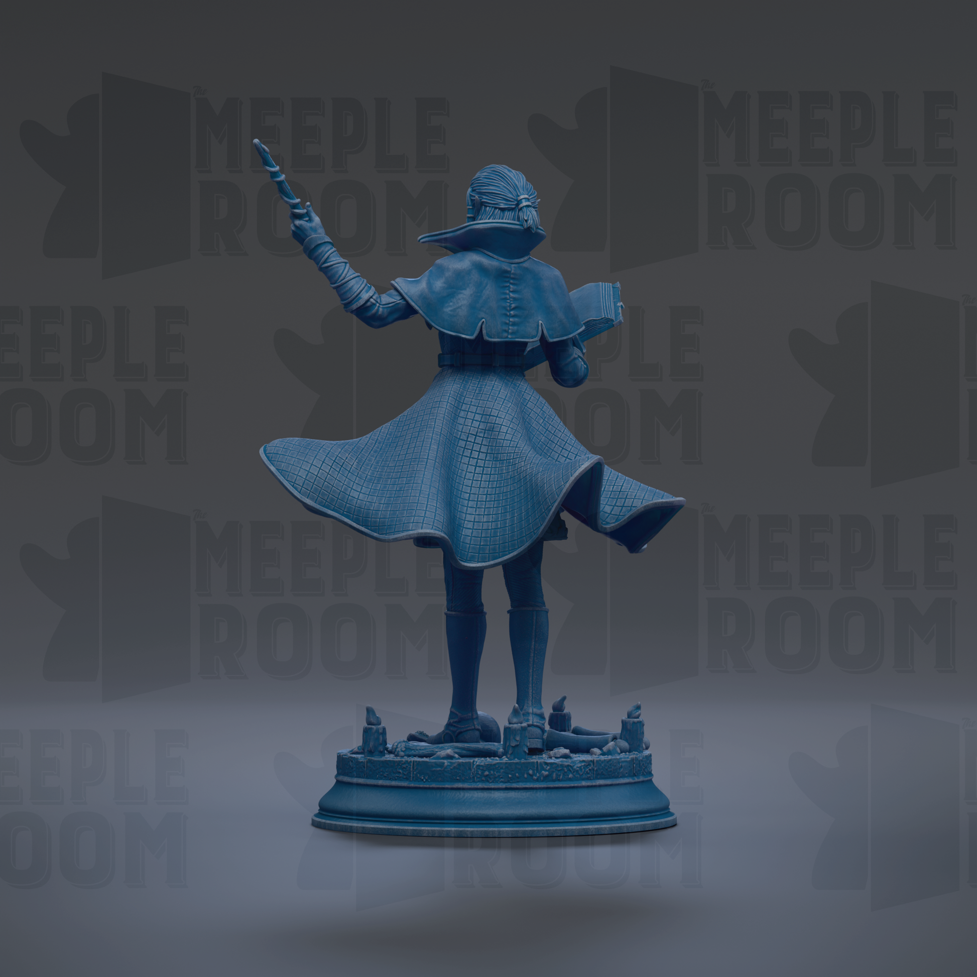 A statue of a person with a flowing cape and holding a book, standing on a pedestal against a dark background with repeated text.