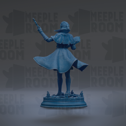 A statue of a person with a flowing cape and holding a book, standing on a pedestal against a dark background with repeated text.