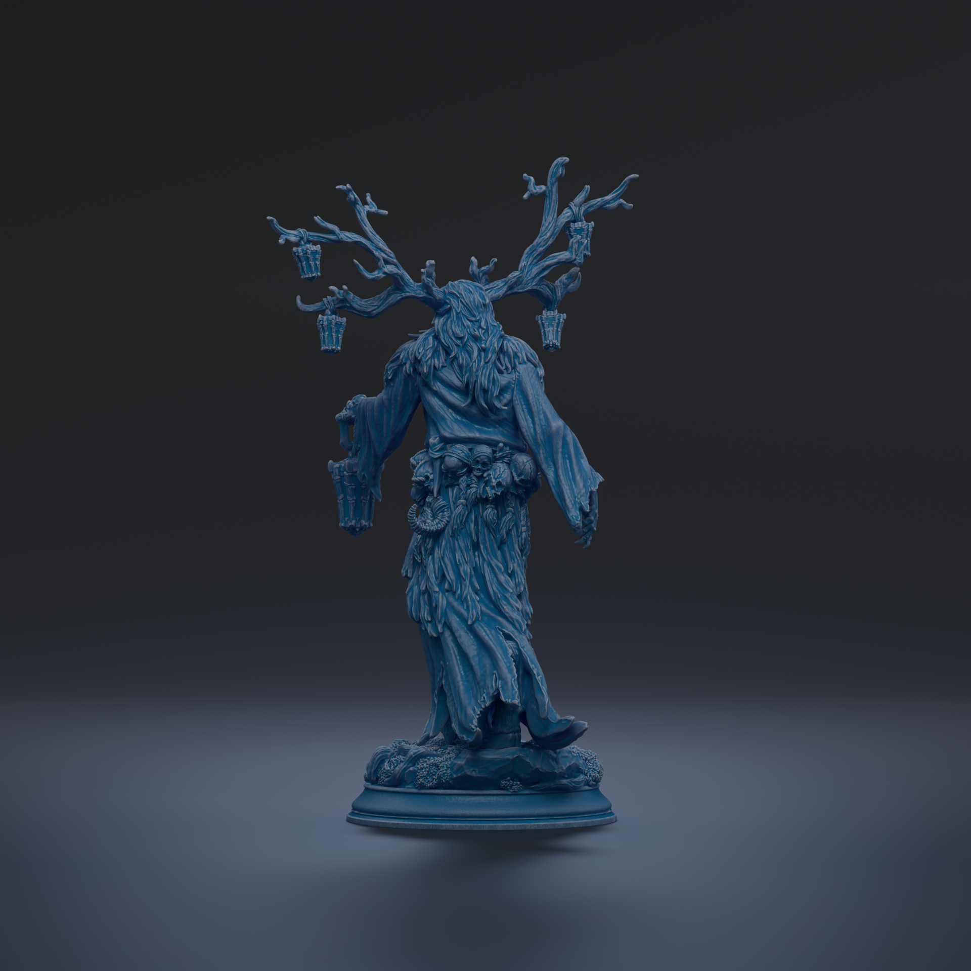 A blue statue of a fantastical creature with antlers and a flowing robe stands on a pedestal against a dark background.