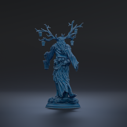 A blue statue of a fantastical creature with antlers and a flowing robe stands on a pedestal against a dark background.