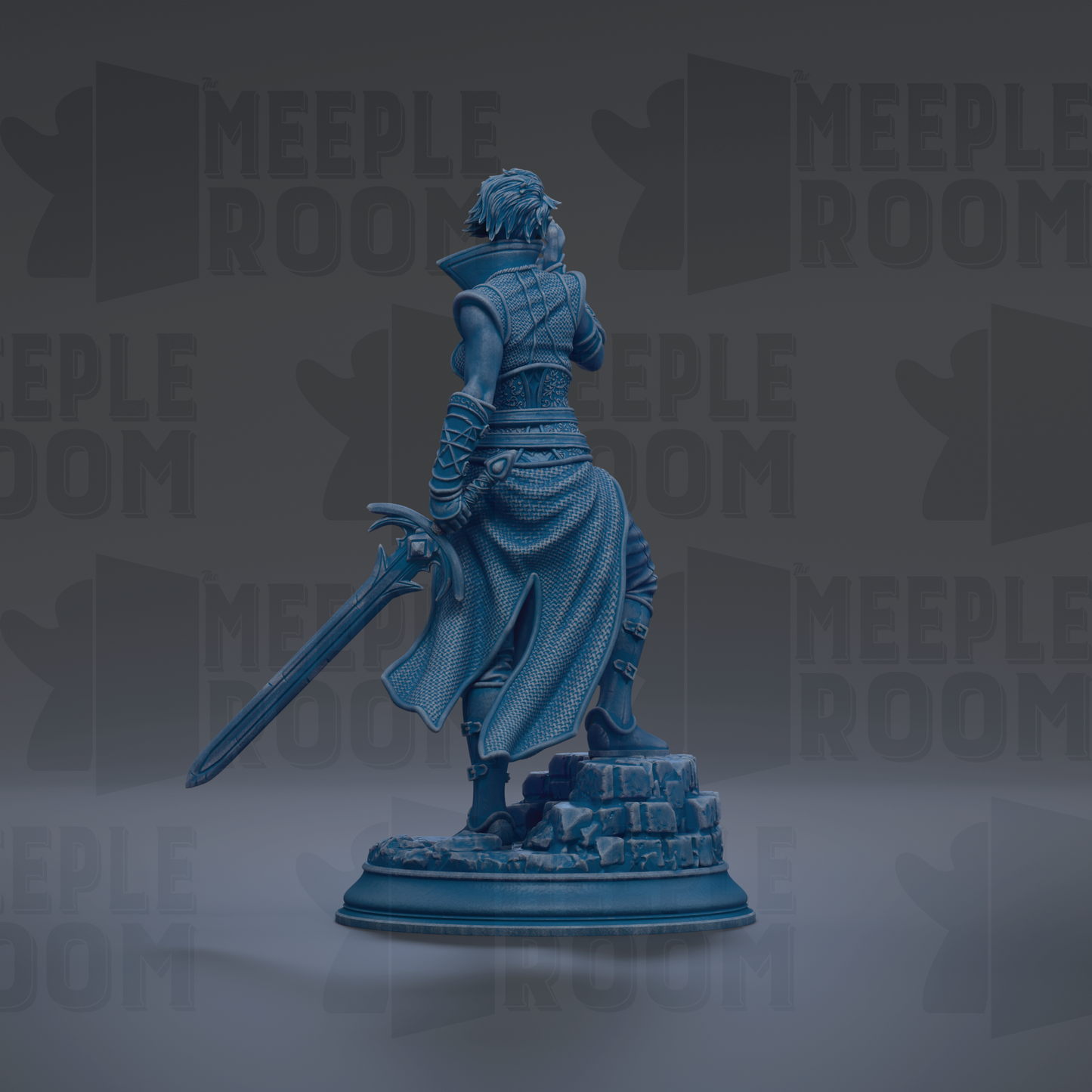 A statue of a person standing on a pedestal, with the text "MEEPLE ROOM" repeated in the background.