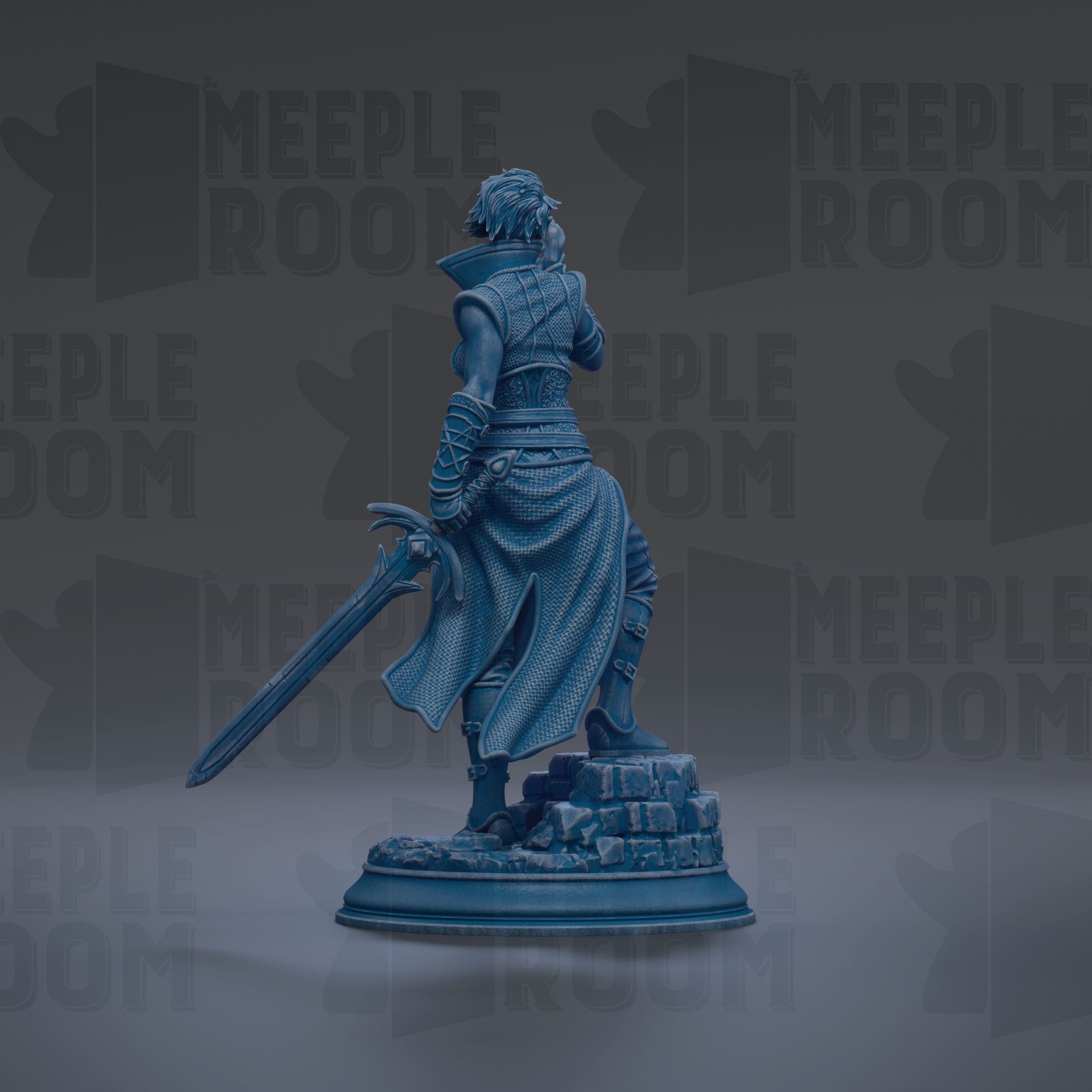 A statue of a person standing on a pedestal, with the text "MEEPLE ROOM" repeated in the background.
