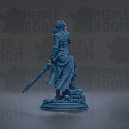 A statue of a person standing on a pedestal, with the text "MEEPLE ROOM" repeated in the background.