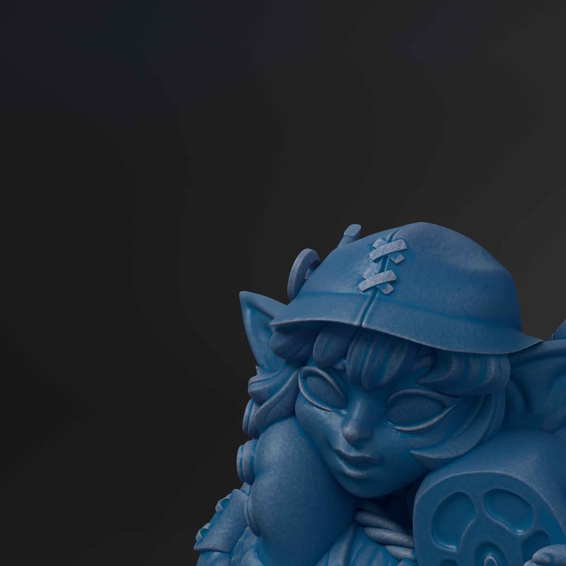A blue, cartoonish sculpture of a character with a hat and a skull-like shape on its head.