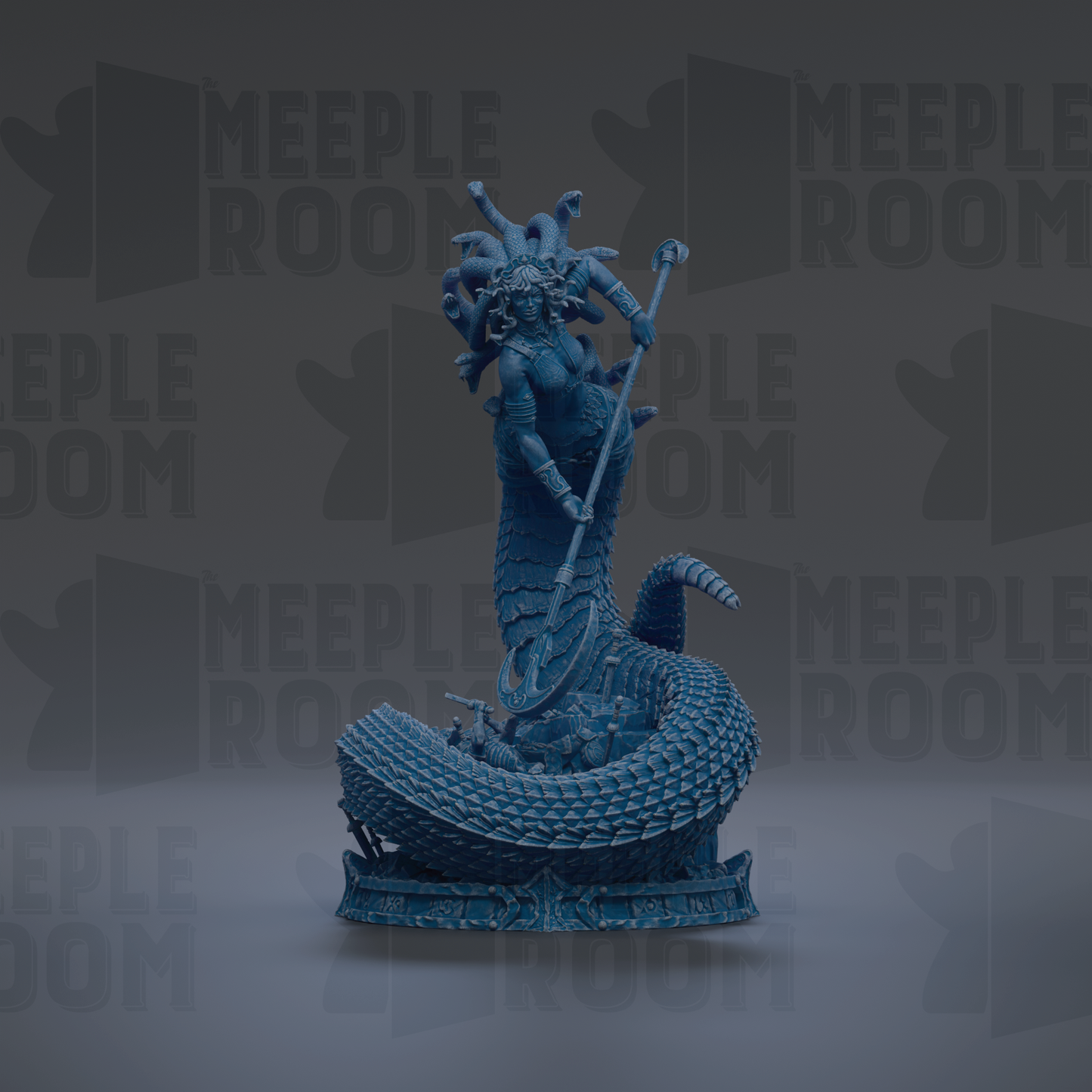 A 3D rendering of a blue, snake-like figure with a long, curved staff, standing on a platform.