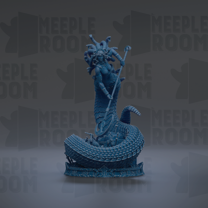 A 3D rendering of a blue, snake-like figure with a long, curved staff, standing on a platform.