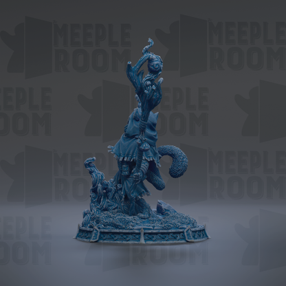 A 3D rendering of a blue, fantastical creature with a large head and long tail, standing on a platform with a base. The background is dark and features repeated text that reads "MEUPLE ROOM".