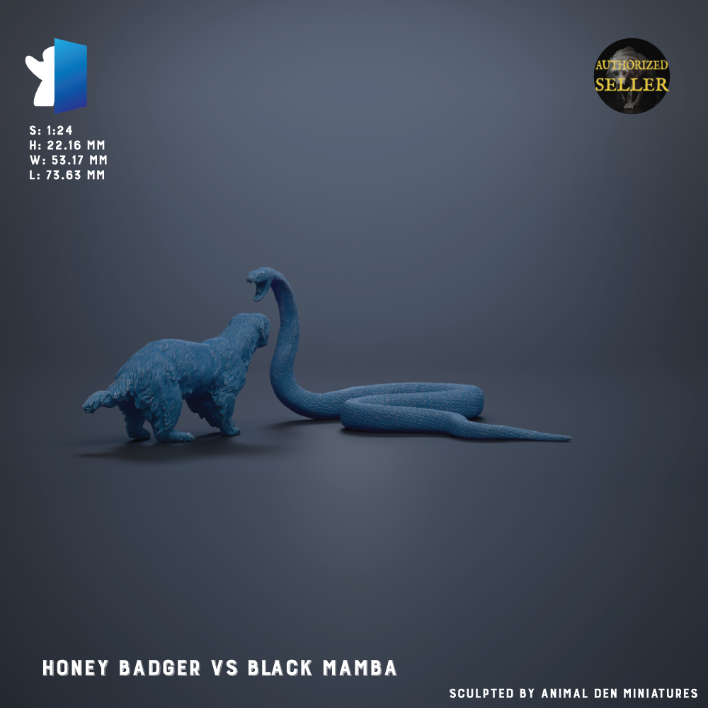 a scene between a honey badger and a black mamba snake, with the badger standing on all fours and the snake coiled around the badger.
