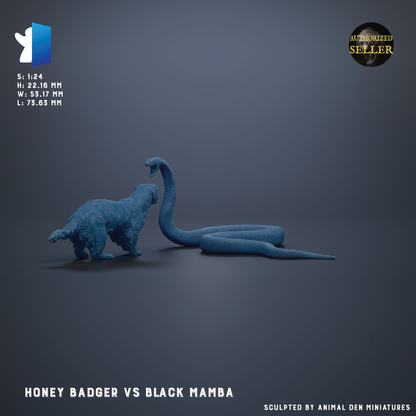a scene between a honey badger and a black mamba snake, with the badger standing on all fours and the snake coiled around the badger.