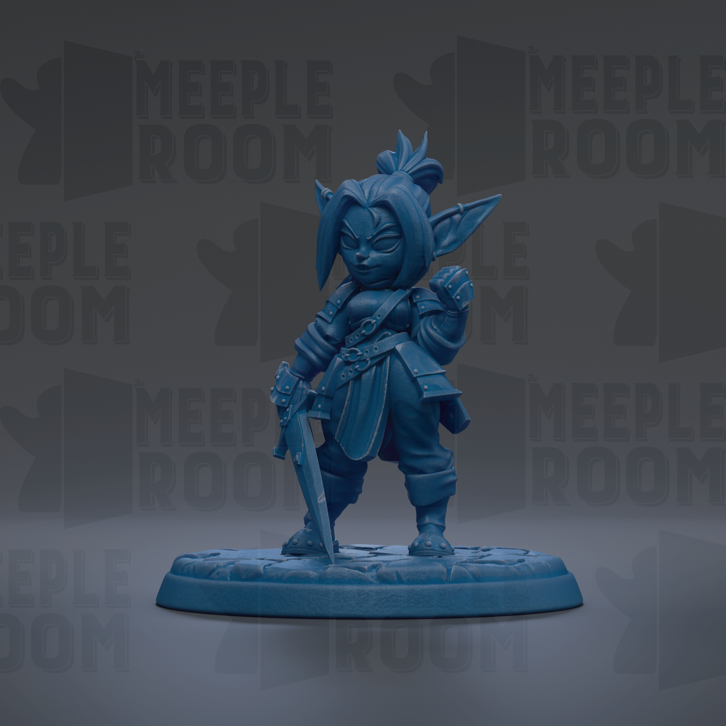 A blue figurine of a character with a sword and a pointed hat, standing on a base.
