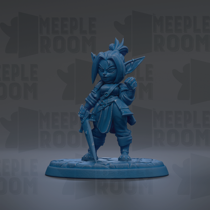 A blue figurine of a character with a sword and a pointed hat, standing on a base.