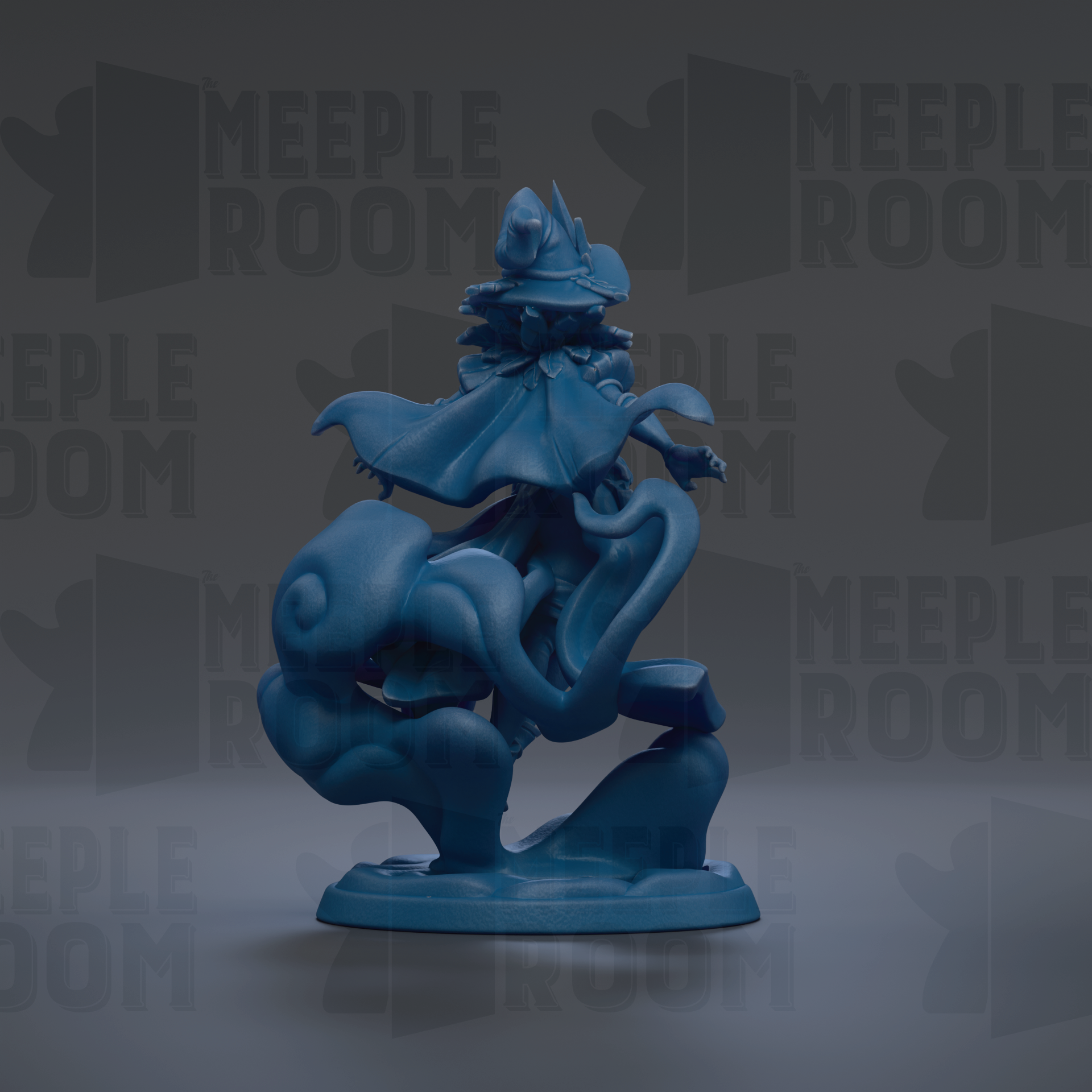 A blue figurine of a fantastical creature, possibly a dragon or serpent, is displayed against a dark background with repeated text.