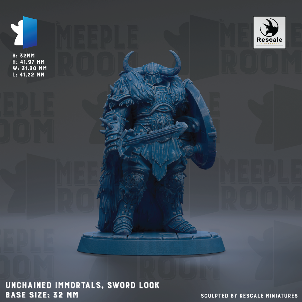 a detailed 3D model of a blue armored warrior figure, holding a sword and shield, standing on a base. The base size is 32mm, and the image is described as an "unchained immortality, sword look" and a "base size: 32mm".