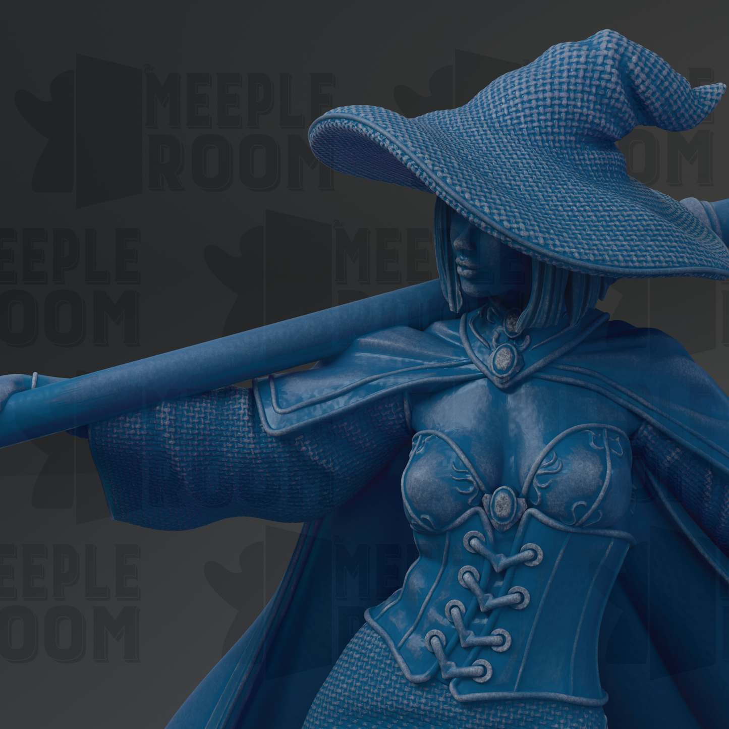 A close-up of a blue-colored statue of a woman wearing a corset and a large hat, with the text "MEEPLE ROOM" visible in the background.