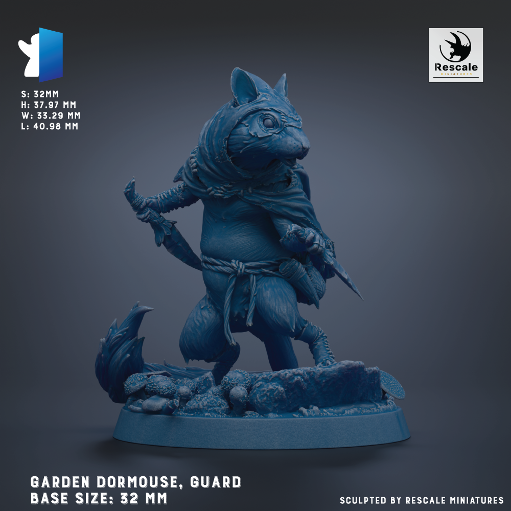 A 3D model of a blue-colored figurine of a squirrel-like creature, possibly a guard or protector, standing on a base. The base sizes are 32 mm.