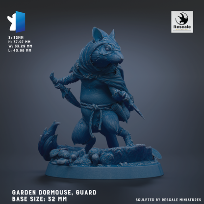 A 3D model of a blue-colored figurine of a squirrel-like creature, possibly a guard or protector, standing on a base. The base sizes are 32 mm.