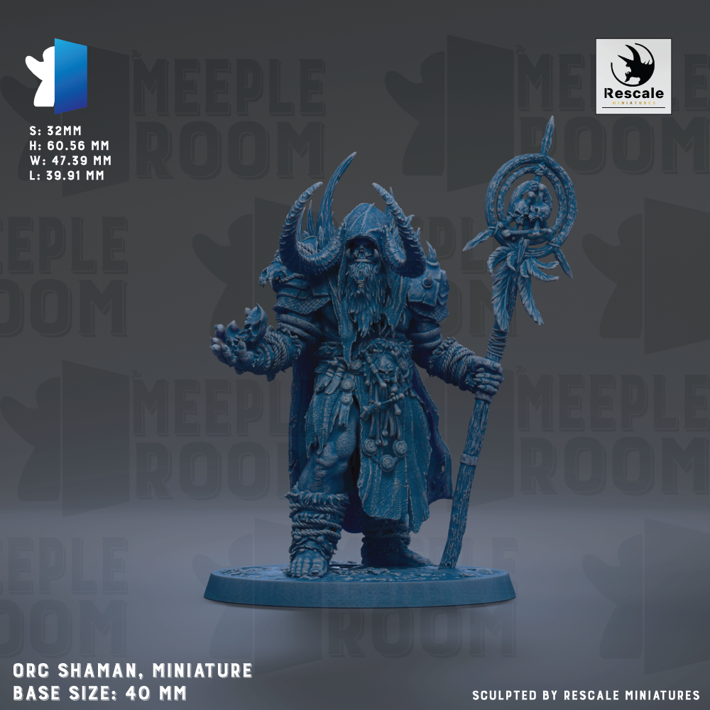The image is a detailed miniature of an armored warrior figure, specifically an orc shaman, with a large staff and various weapons. The base size of the figure is 40mm.
